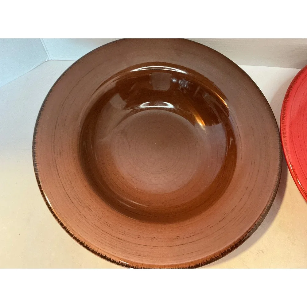Tag Pasta Bowls Set of 2 Red Brown Wide Rim Stoneware 9 Inch Casual Dining